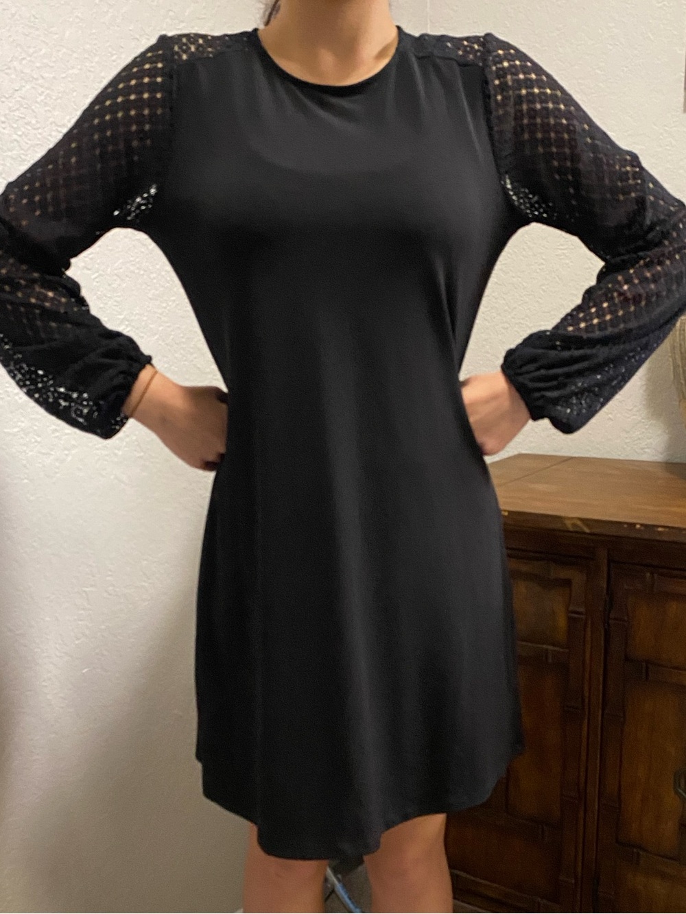 Michael Kors Black Mini Dress with Lace-Detail Sleeves, missing inside label - Picture 1 of 7
